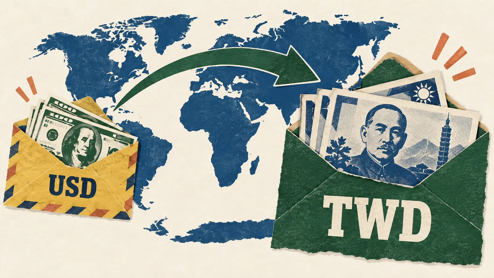 USD 與 TWD 紙鈔信封，配合世界地圖的跨境匯款拼貼